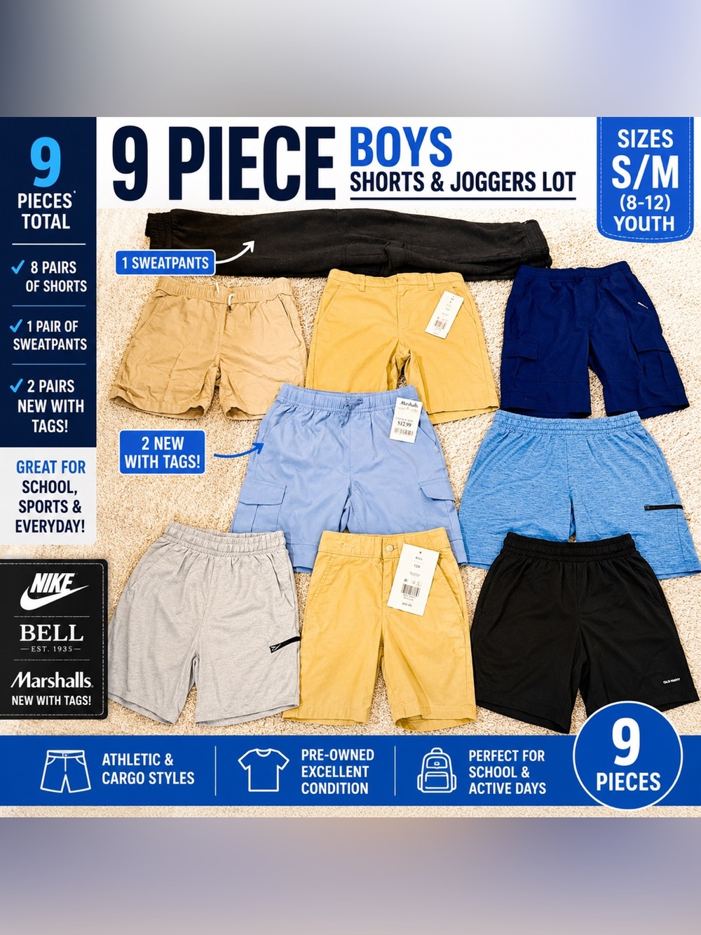 Boys Shorts Sweatpants Lot 9 Pc Youth s-m (8,10,12).